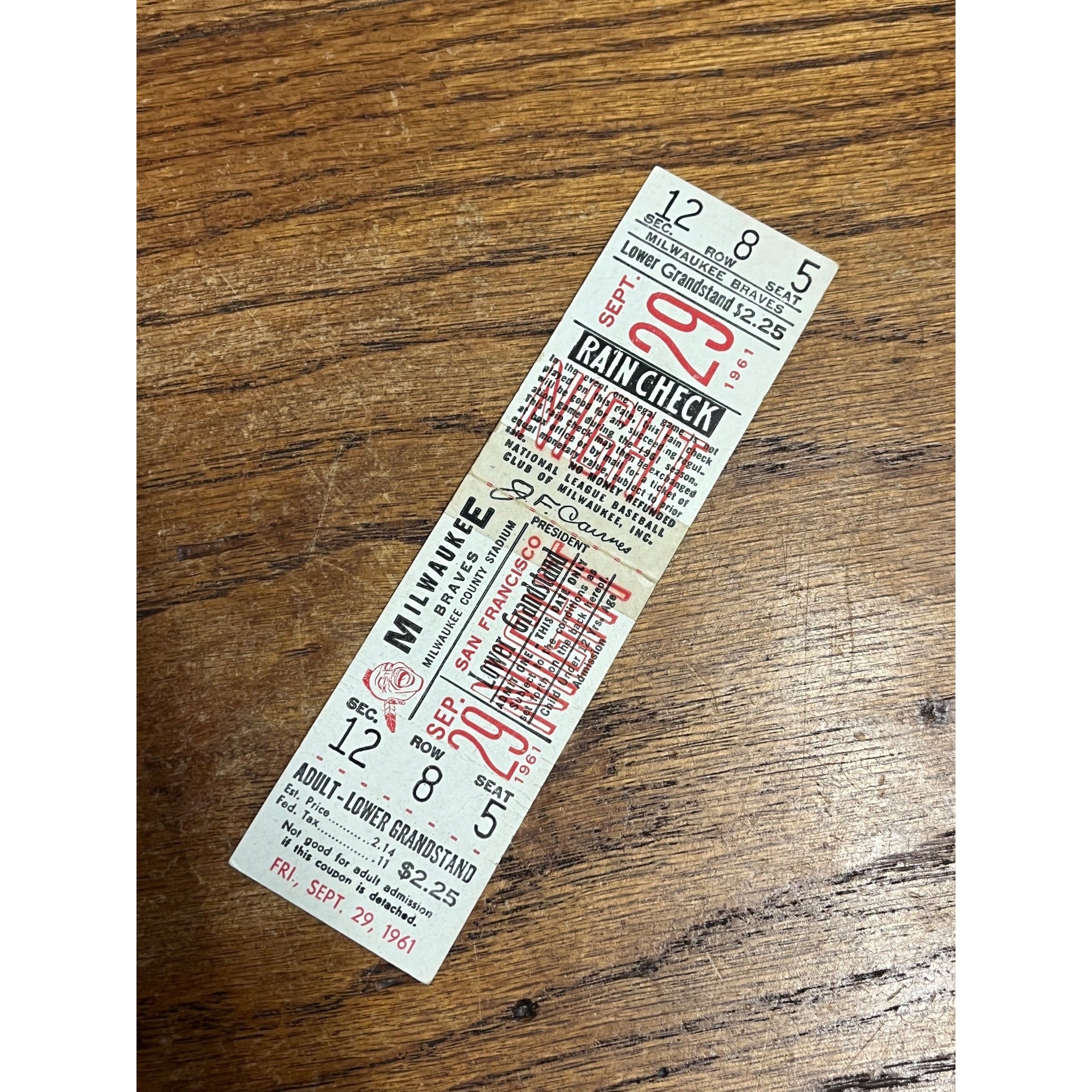 1961 Sept 29 Milwaukee Braves vs Giants Ticket Spahn Win #309 Mathews HR #370