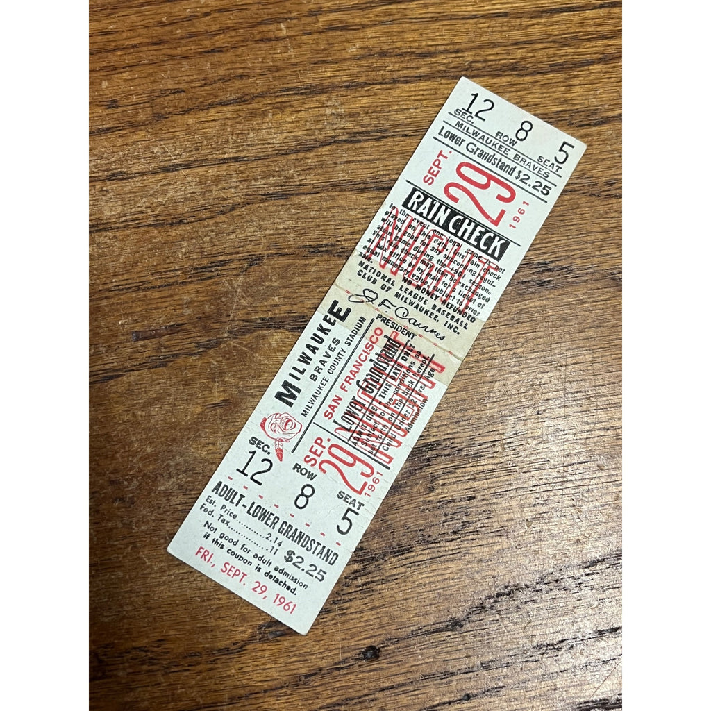 1961 Sept 29 Milwaukee Braves vs Giants Ticket Spahn Win #309 Mathews HR #370