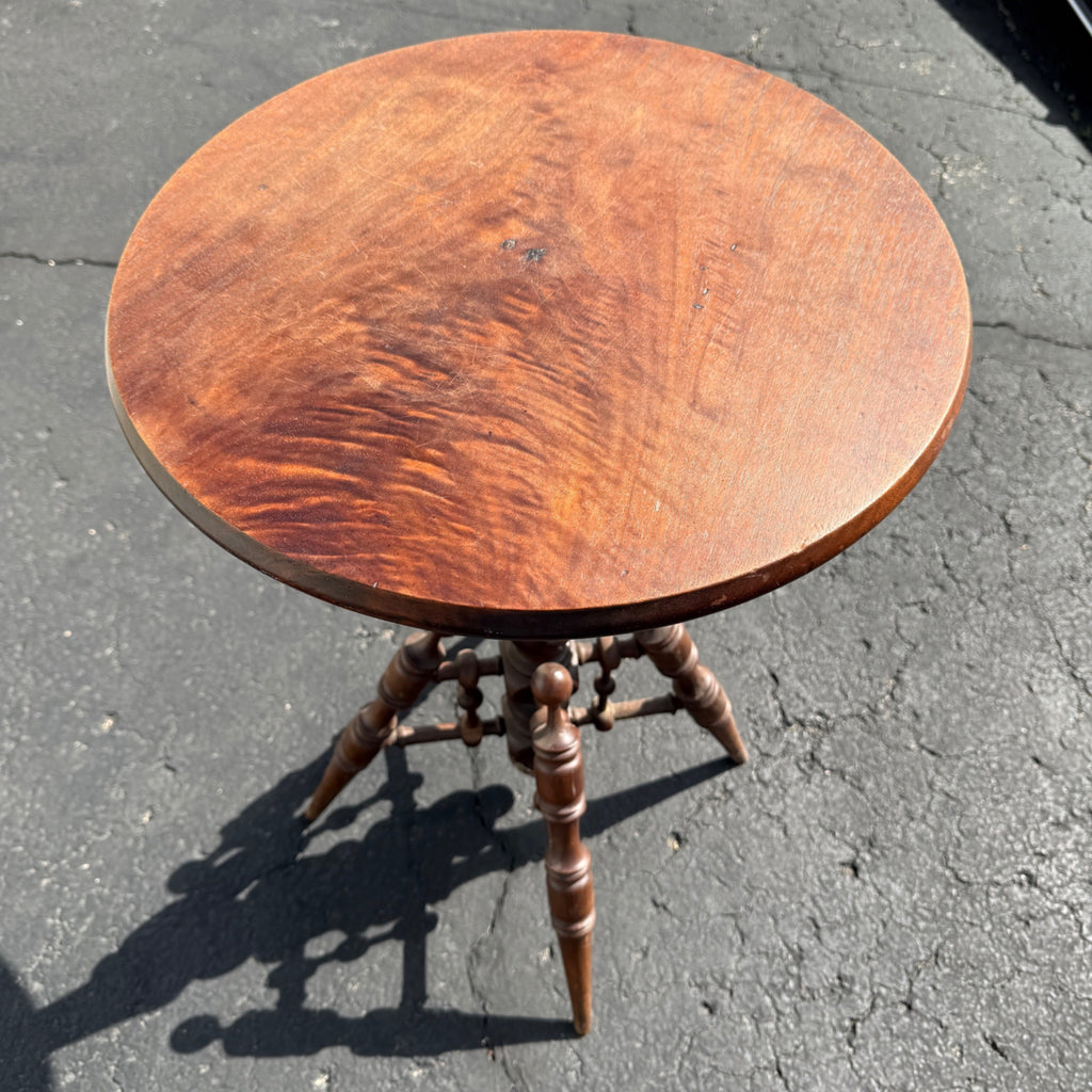 Antique Victorian Curly Maple Ornate Small Gypsy Parlor Table Round Spindle Gallery Plant Stand