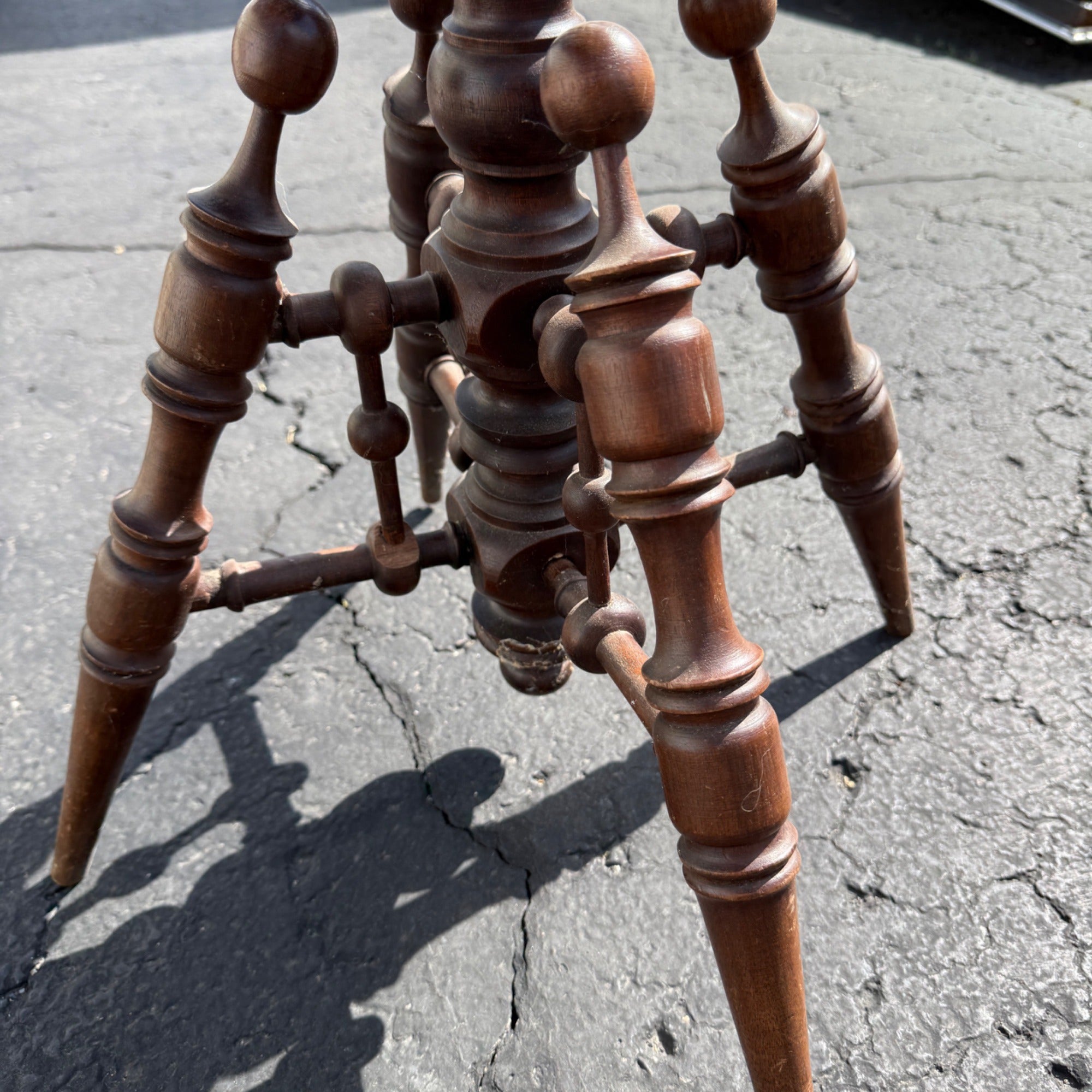 Antique Victorian Curly Maple Ornate Small Gypsy Parlor Table Round Spindle Gallery Plant Stand