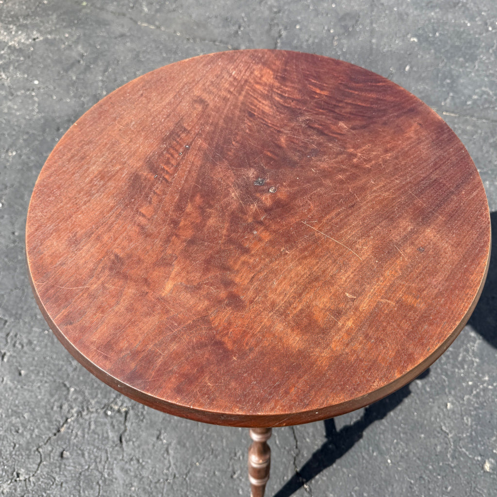 Antique Victorian Curly Maple Ornate Small Gypsy Parlor Table Round Spindle Gallery Plant Stand