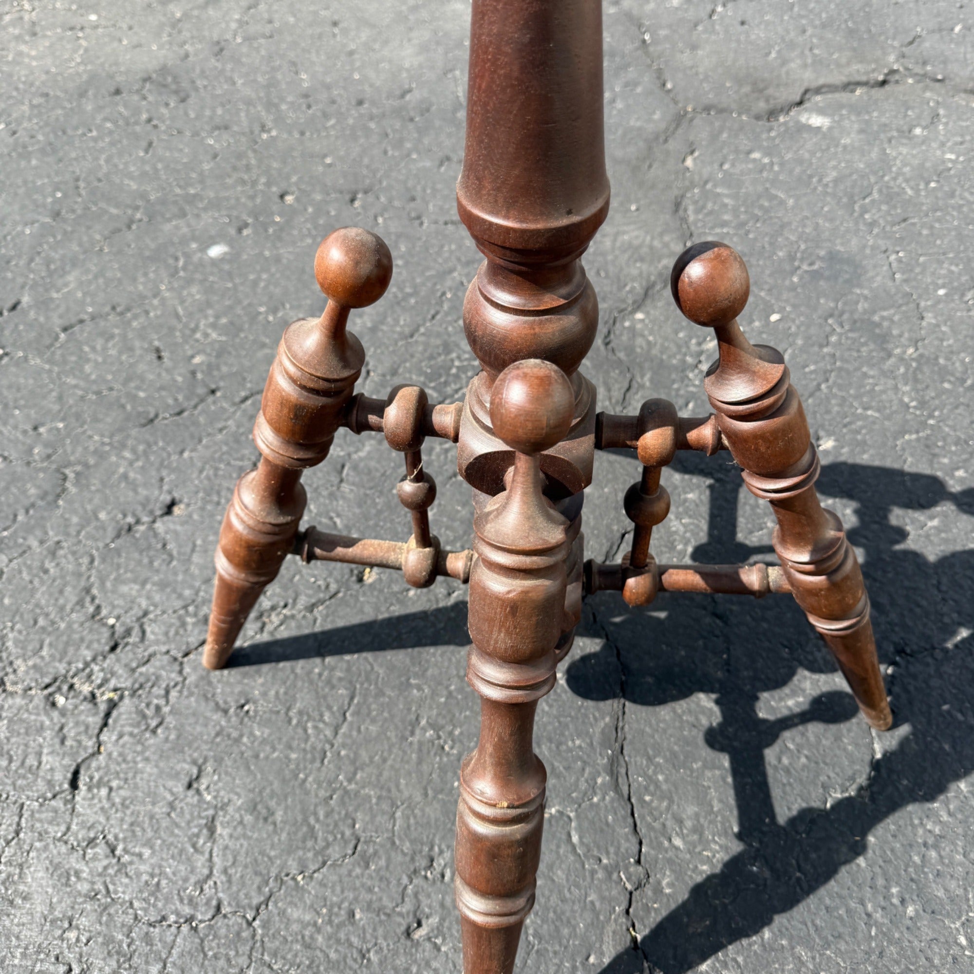 Antique Victorian Curly Maple Ornate Small Gypsy Parlor Table Round Spindle Gallery Plant Stand