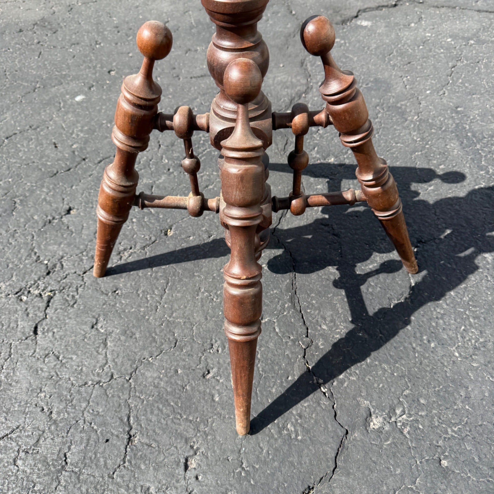 Antique Victorian Curly Maple Ornate Small Gypsy Parlor Table Round Spindle Gallery Plant Stand