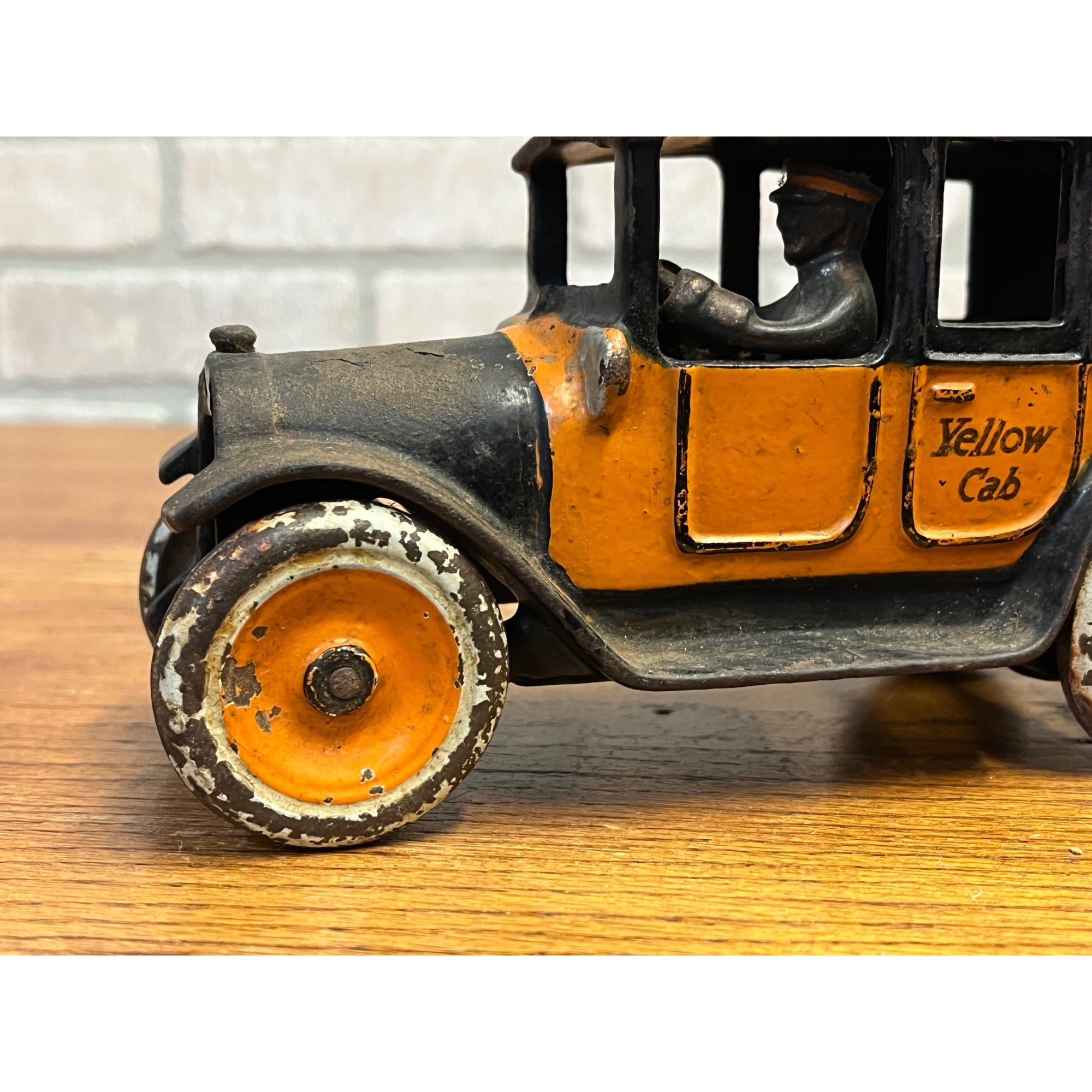 Vintage 1920s Arcade Cast Iron Yellow Cab Sedan Taxicab Taxi Cab 8" w/ Driver