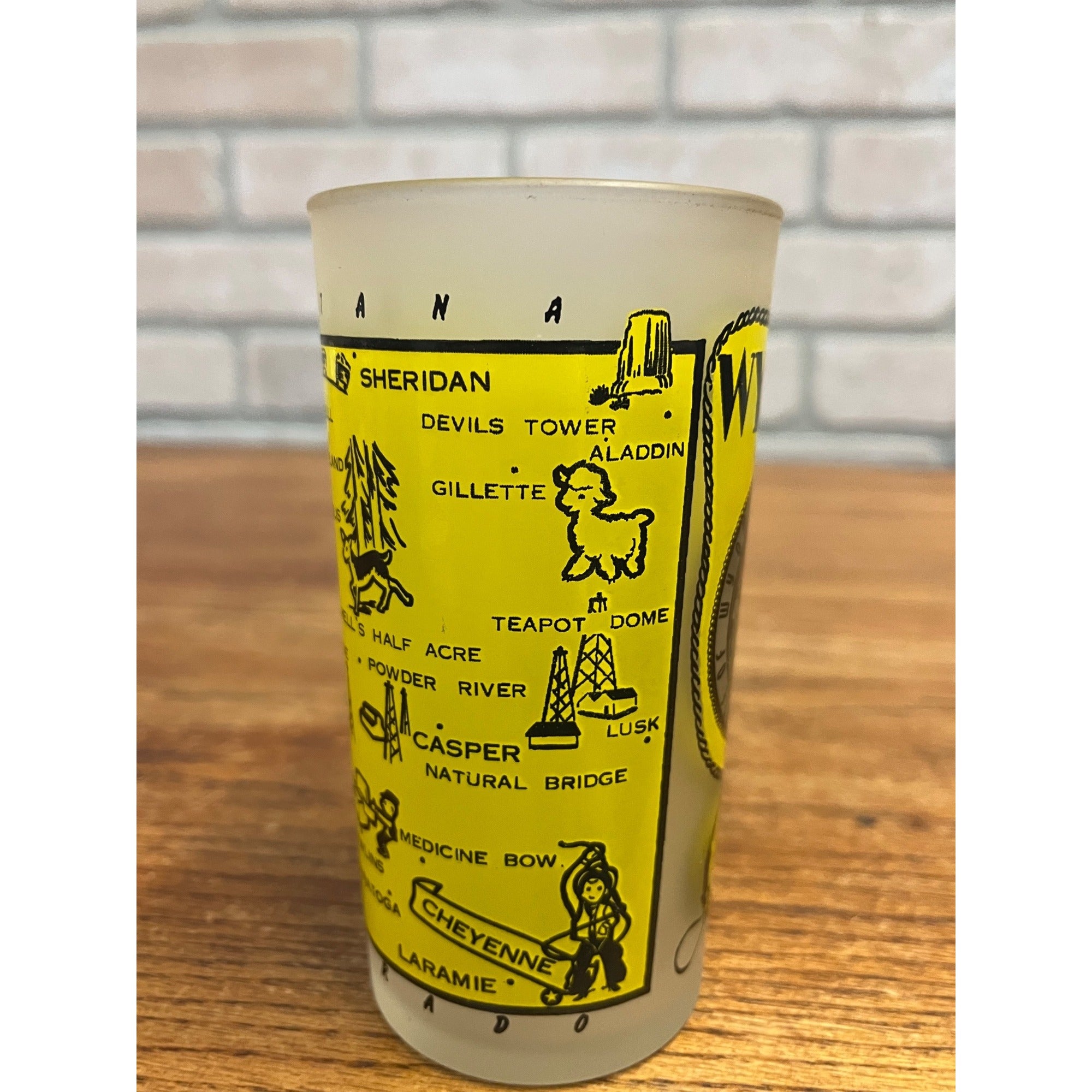 Vintage Frosted State Drinking Glass Wyoming Yellowstone Hazel Atlas