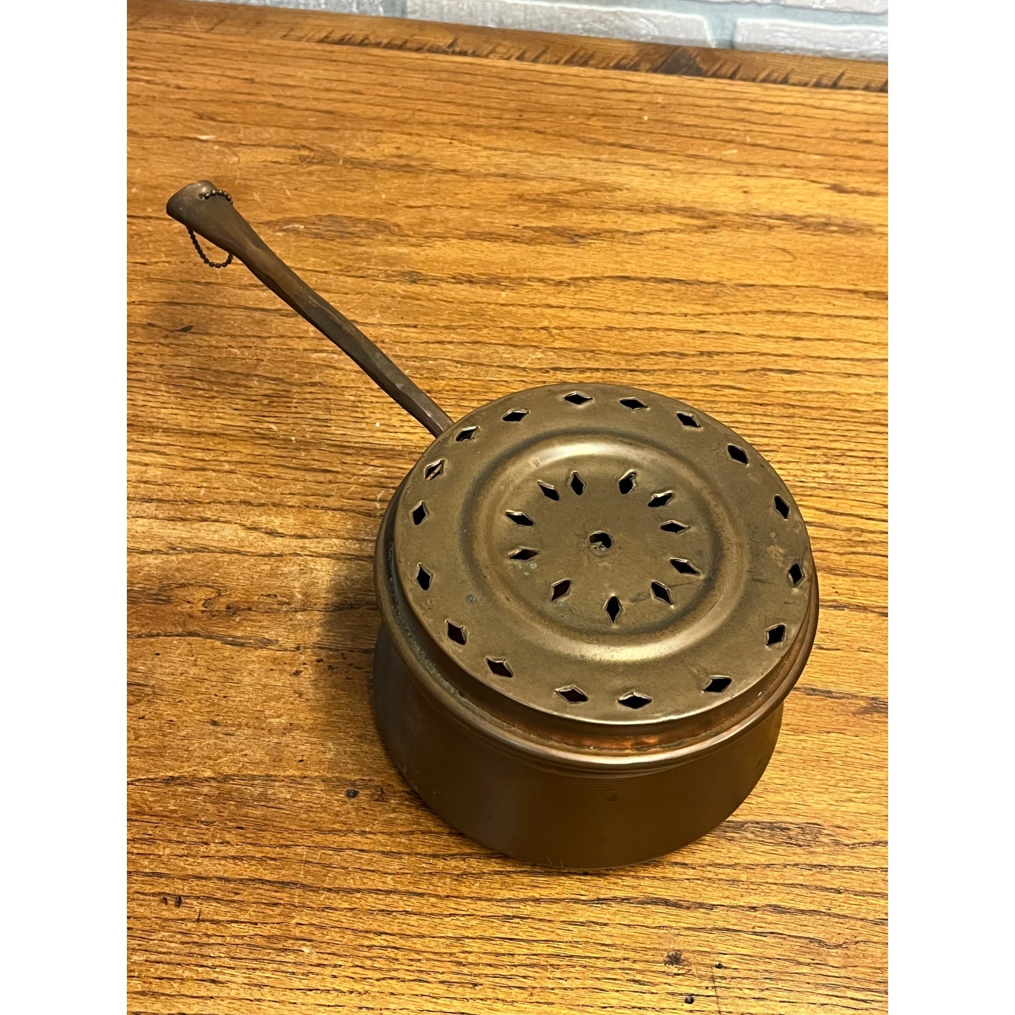 Antique Primitive Copper Bed Warmer Wooden Handle Rustic Farmhouse
