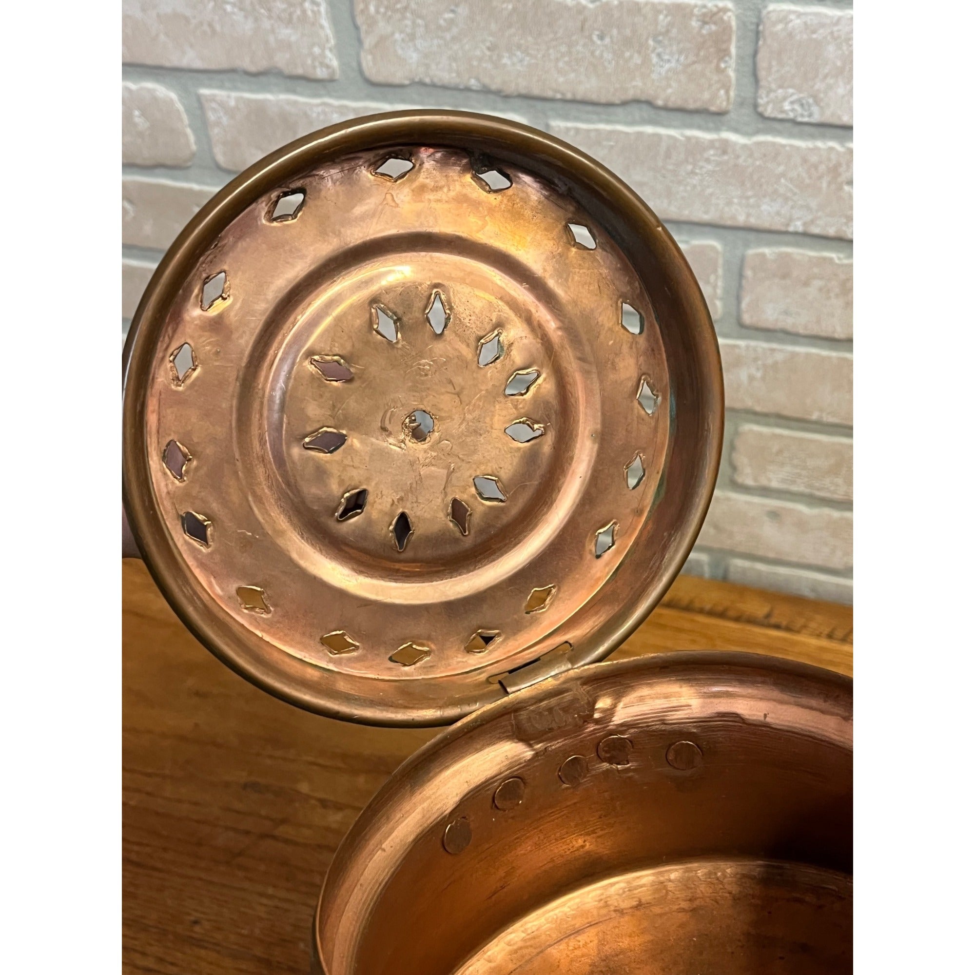 Antique Primitive Copper Bed Warmer Wooden Handle Rustic Farmhouse