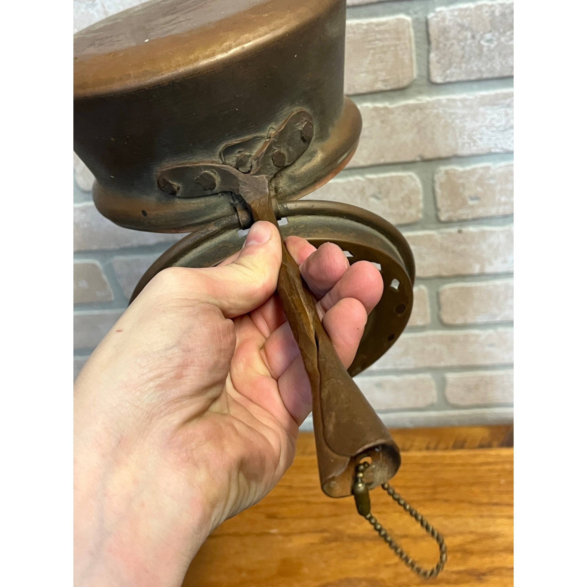 Antique Primitive Copper Bed Warmer Wooden Handle Rustic Farmhouse