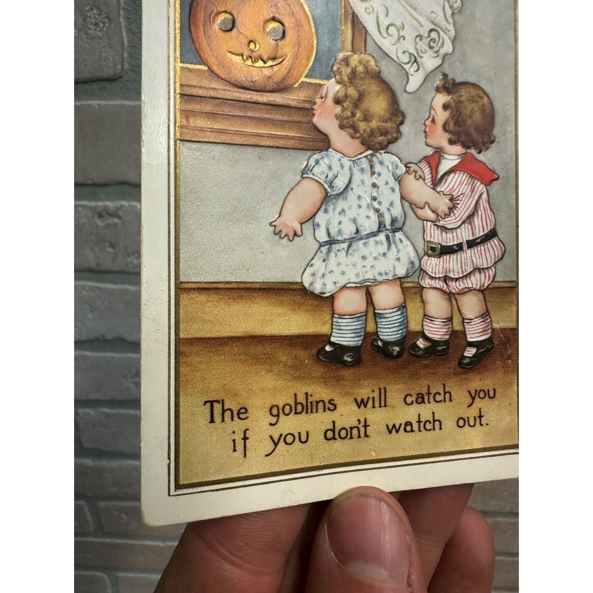 Vintage Halloween Whitney Postcard Goblins JOL Scared Children Window Moonlight