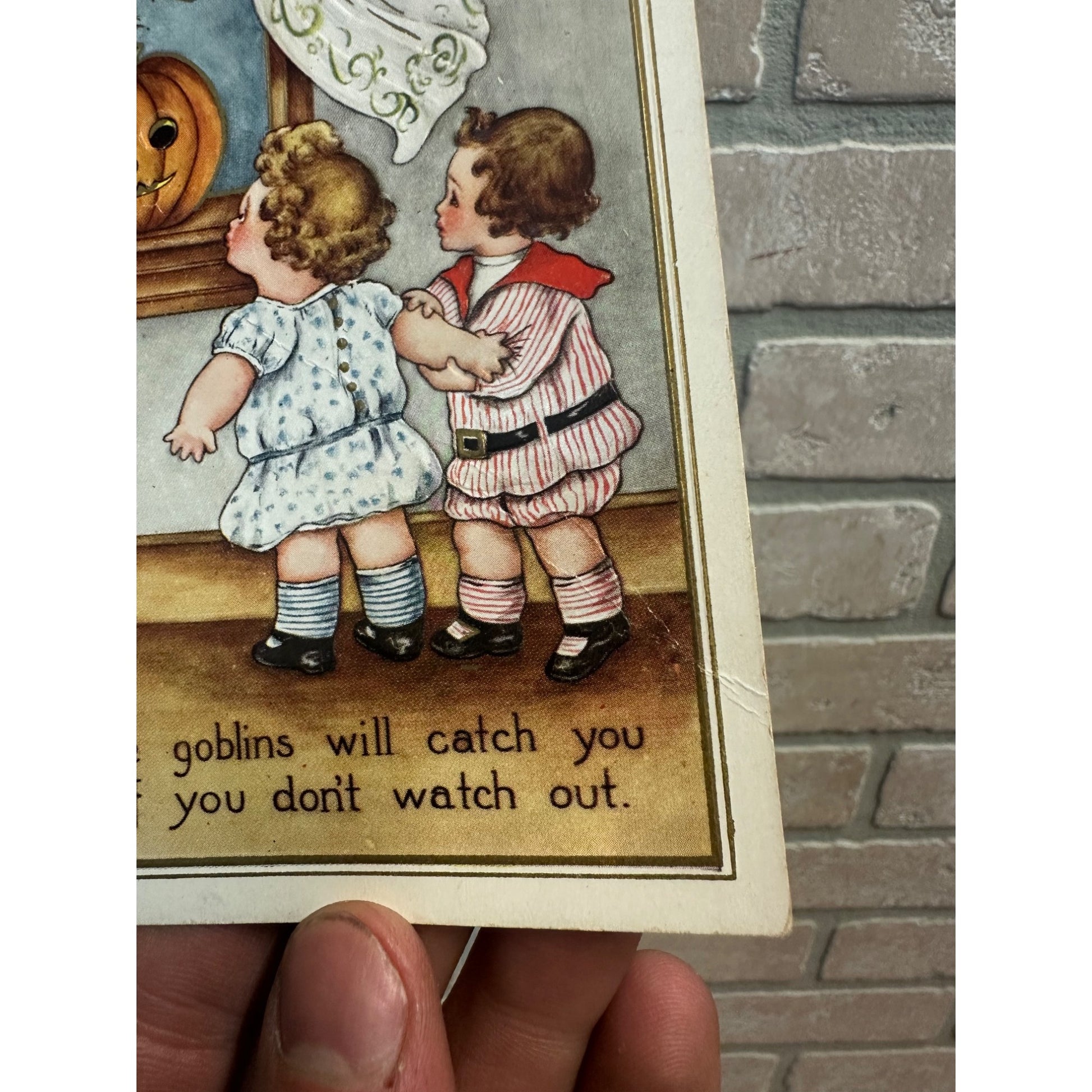 Vintage Halloween Whitney Postcard Goblins JOL Scared Children Window Moonlight