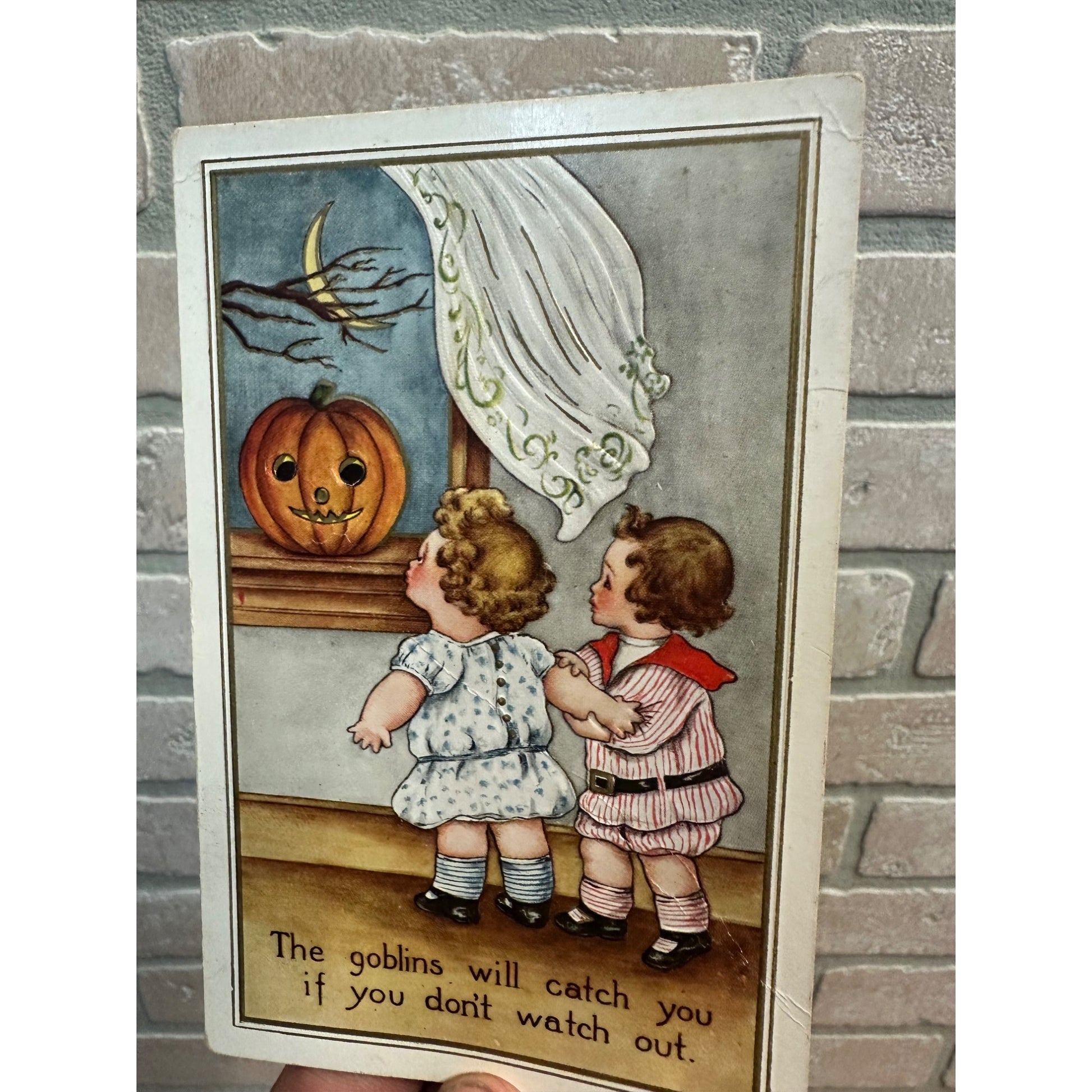 Vintage Halloween Whitney Postcard Goblins JOL Scared Children Window Moonlight