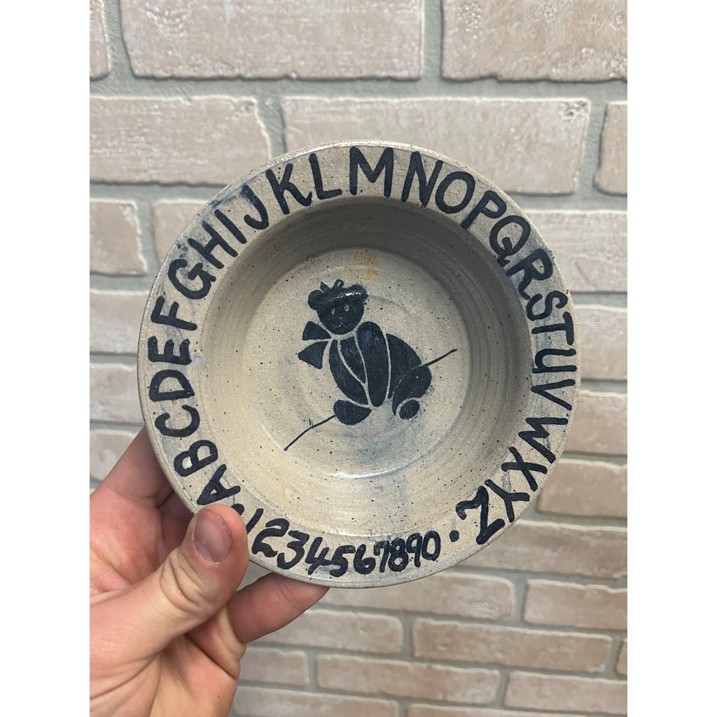 Primitive Style Stoneware Salt Glaze Baby Dish Bowl Teddy Bear Alphabet 6”