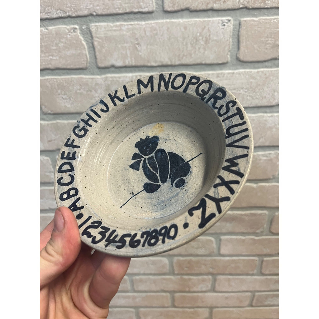 Primitive Style Stoneware Salt Glaze Baby Dish Bowl Teddy Bear Alphabet 6”