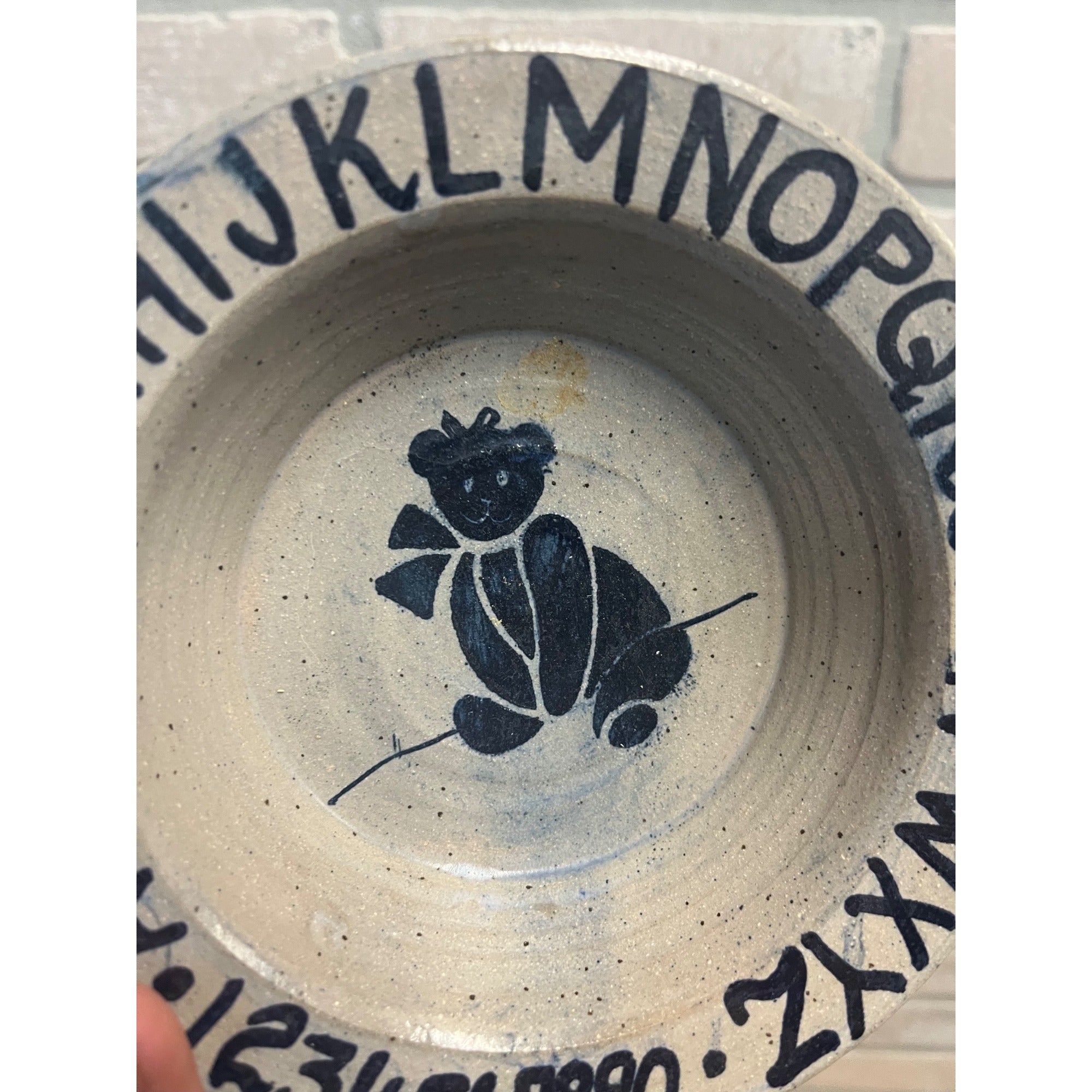 Primitive Style Stoneware Salt Glaze Baby Dish Bowl Teddy Bear Alphabet 6”