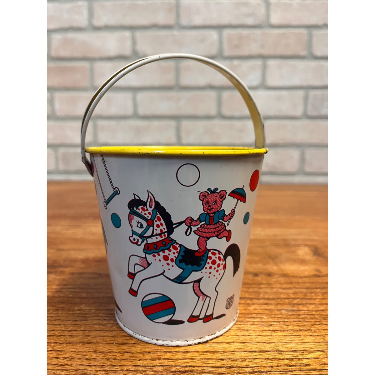 Vintage J. Chein Tin Litho Child's Sand Pail Toy Small 4.25" Circus Animals