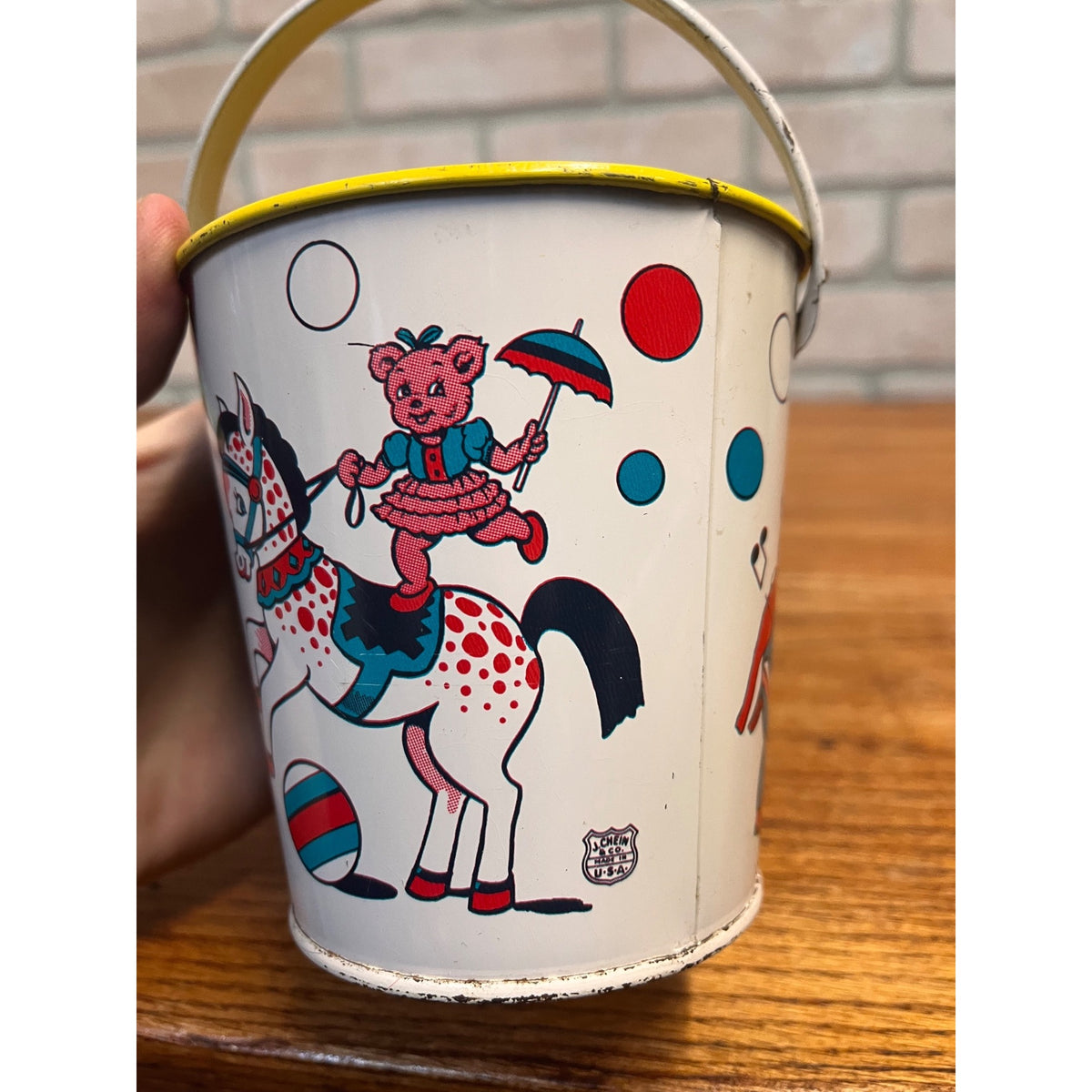 Vintage J. Chein Tin Litho Child's Sand Pail Toy Small 4.25" Circus Animals