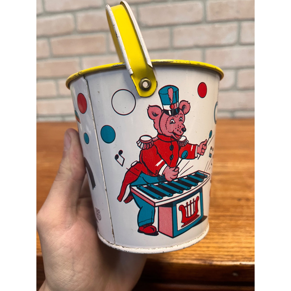 Vintage J. Chein Tin Litho Child's Sand Pail Toy Small 4.25" Circus Animals