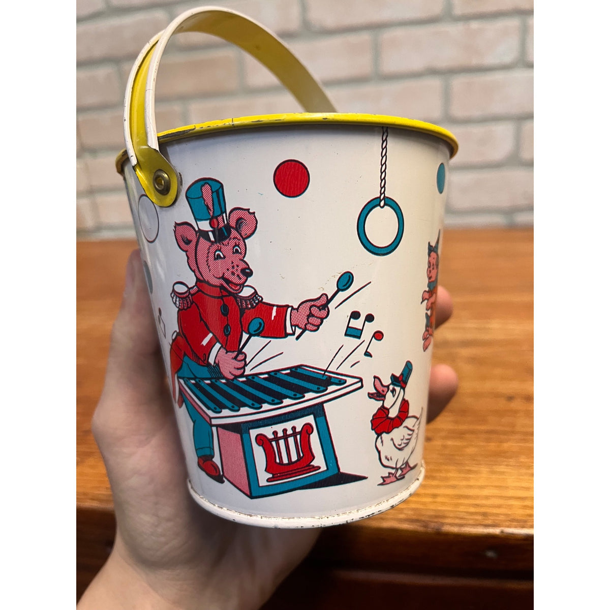 Vintage J. Chein Tin Litho Child's Sand Pail Toy Small 4.25" Circus Animals