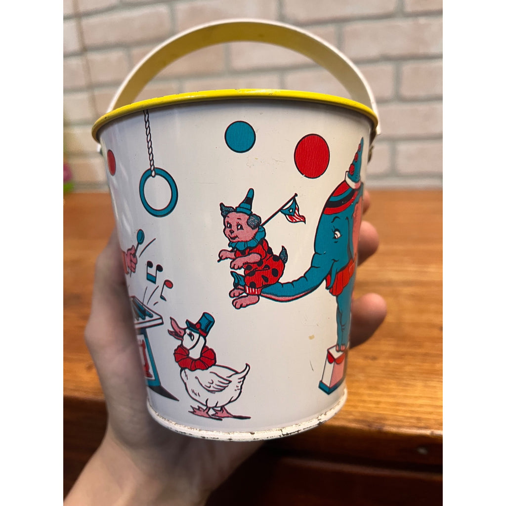 Vintage J. Chein Tin Litho Child's Sand Pail Toy Small 4.25" Circus Animals
