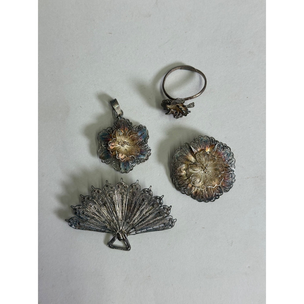 Vintage Sterling Silver 900 Filigree Estate Scrap Brooches Ring Pendant 14.33 g