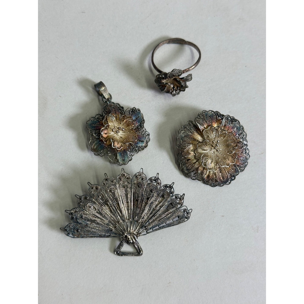 Vintage Sterling Silver 900 Filigree Estate Scrap Brooches Ring Pendant 14.33 g
