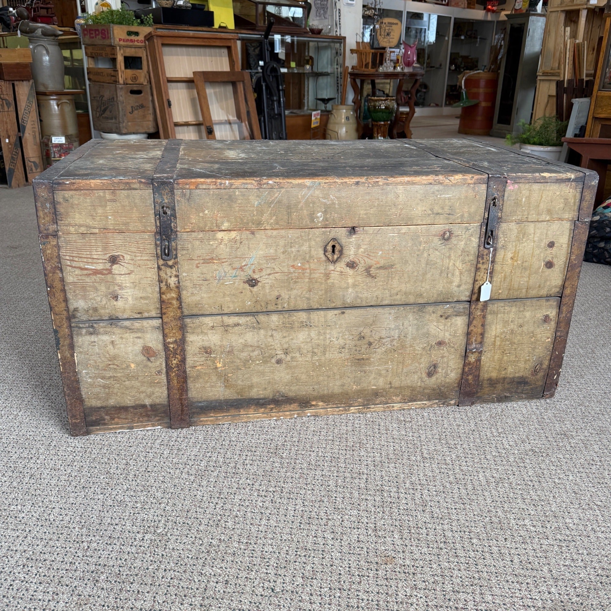 Antique Large Primitive Trunk Chest Gray Off-White Coffee Table Immigrant