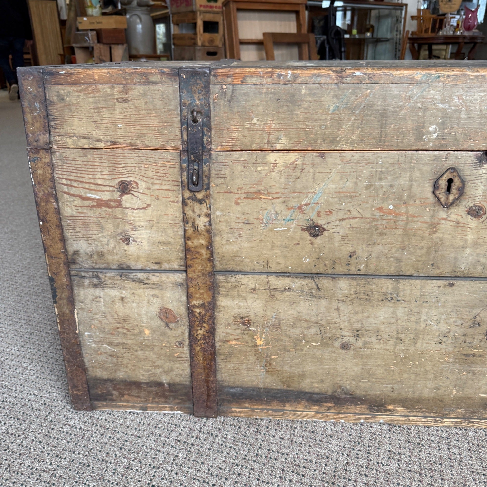Antique Large Primitive Trunk Chest Gray Off-White Coffee Table Immigrant