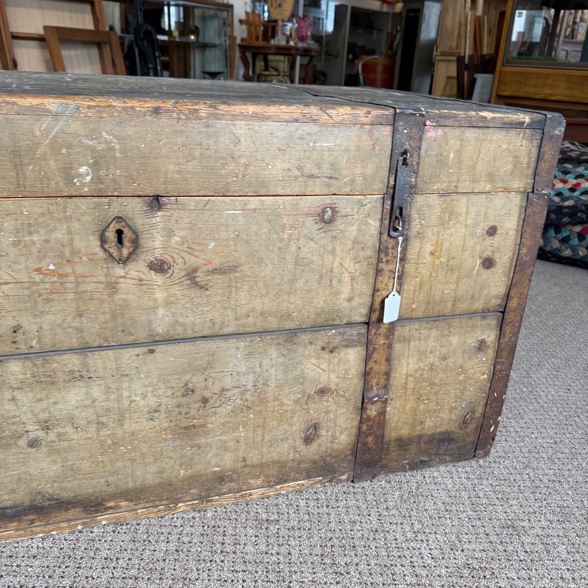 Antique Large Primitive Trunk Chest Gray Off-White Coffee Table Immigrant
