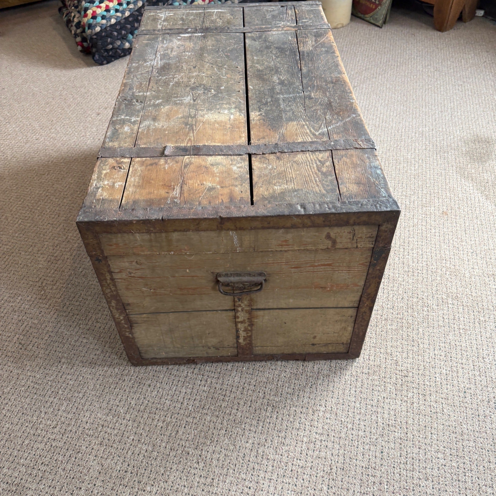 Antique Large Primitive Trunk Chest Gray Off-White Coffee Table Immigrant