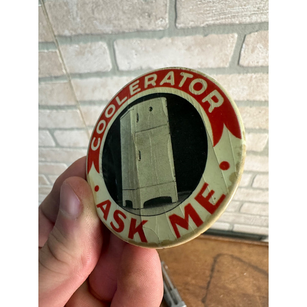 Vintage 1930s Coolerator Ice Box Fridge Advertising Ice Pick + Button Pinback