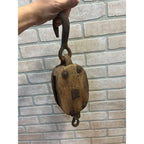 Antique Wooden Industrial Steampunk Farmhouse Pulley W/ Cast Iron Hook