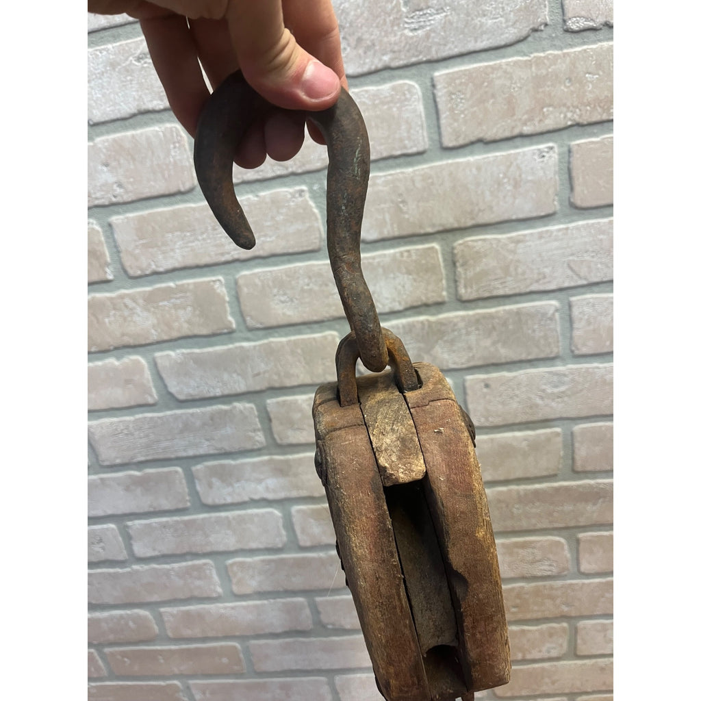 Antique Wooden Industrial Steampunk Farmhouse Pulley W/ Cast Iron Hook