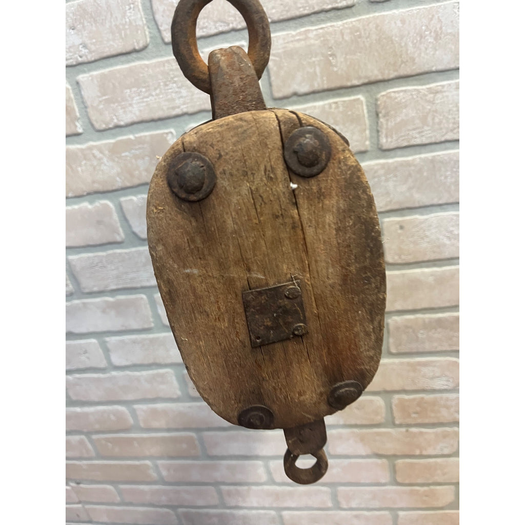 Antique Wooden Industrial Steampunk Farmhouse Pulley W/ Cast Iron Hook