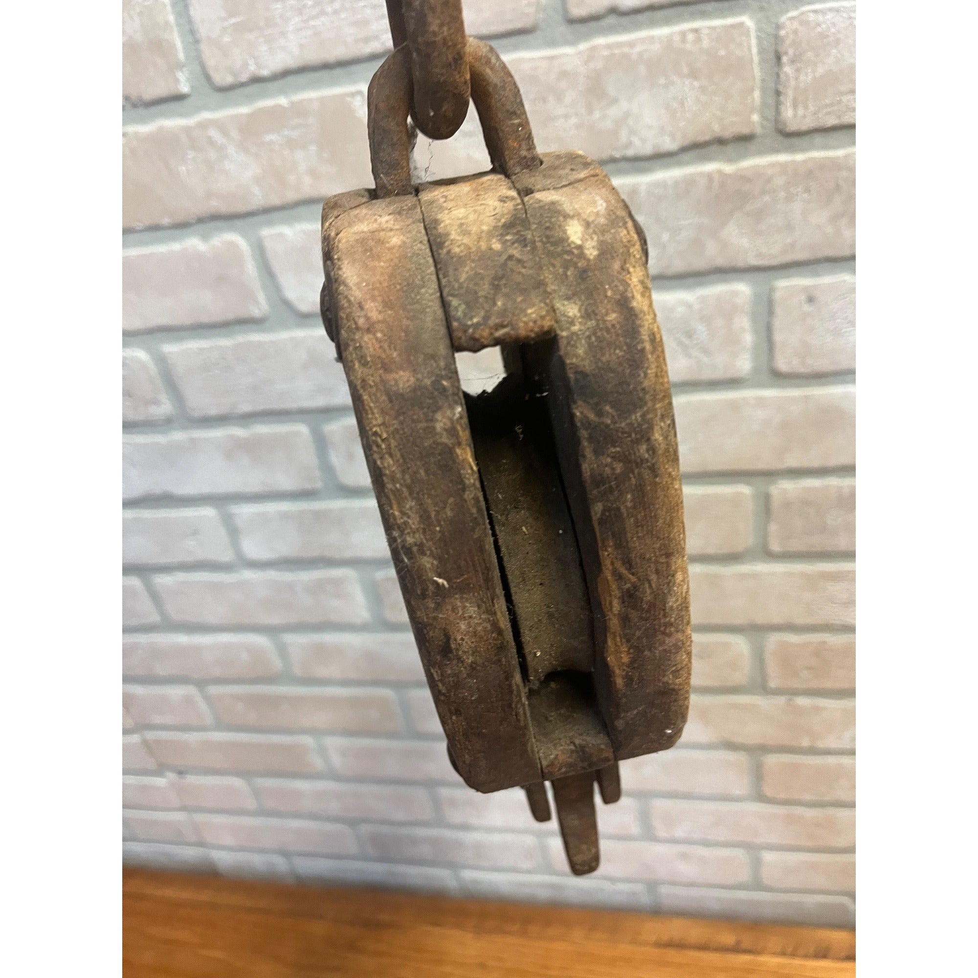 Antique Wooden Industrial Steampunk Farmhouse Pulley W/ Cast Iron Hook