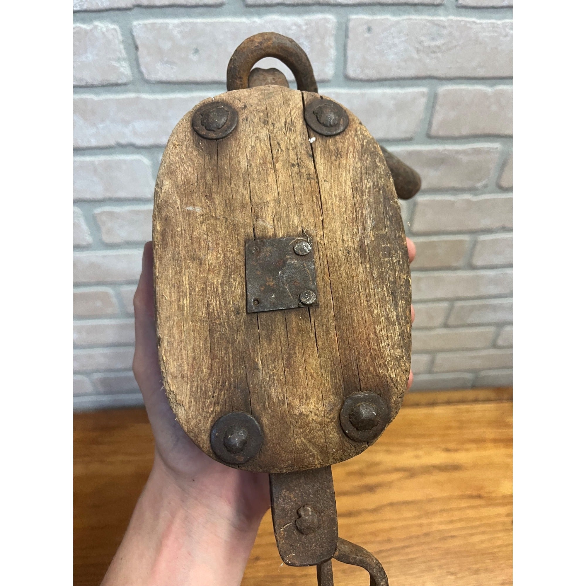 Antique Wooden Industrial Steampunk Farmhouse Pulley W/ Cast Iron Hook