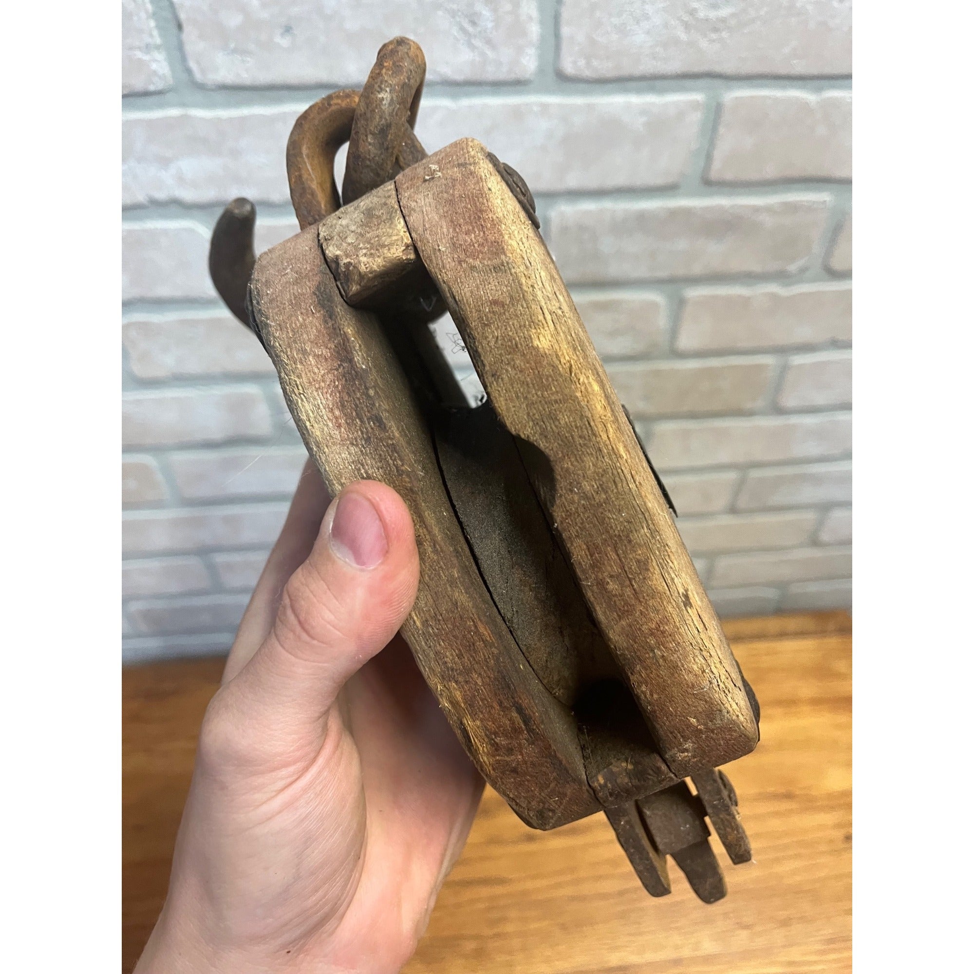 Antique Wooden Industrial Steampunk Farmhouse Pulley W/ Cast Iron Hook