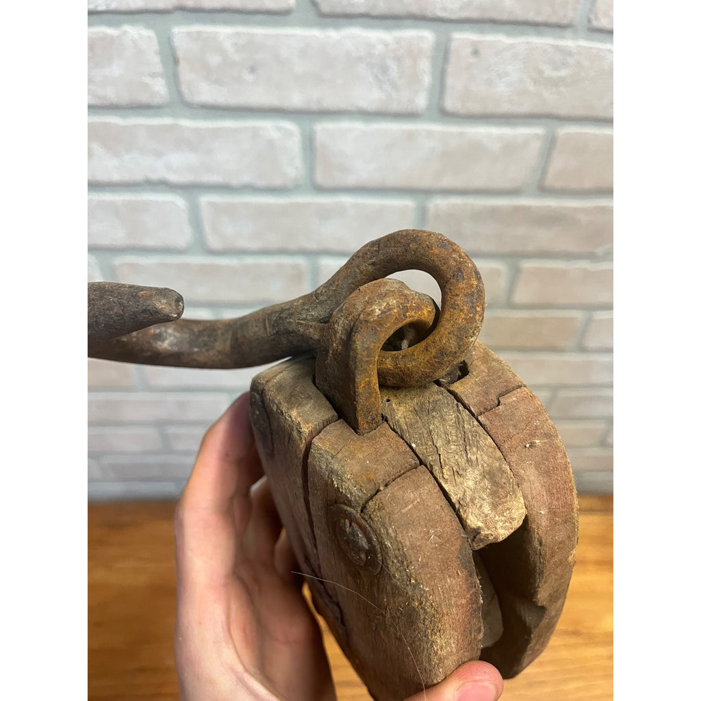 Antique Wooden Industrial Steampunk Farmhouse Pulley W/ Cast Iron Hook