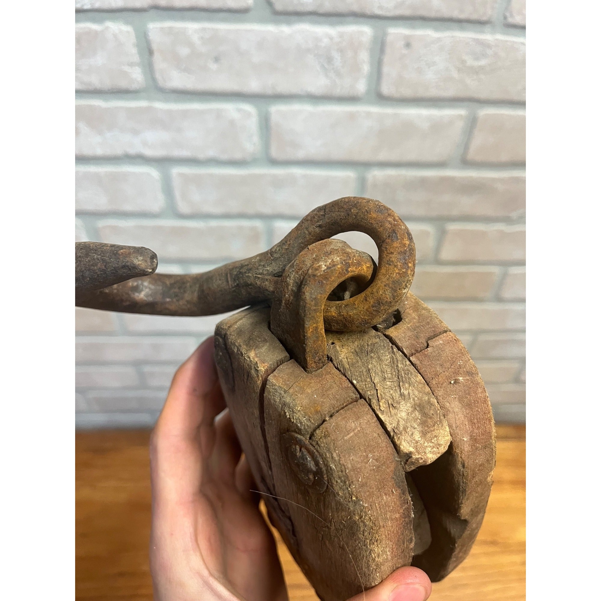 Antique Wooden Industrial Steampunk Farmhouse Pulley W/ Cast Iron Hook