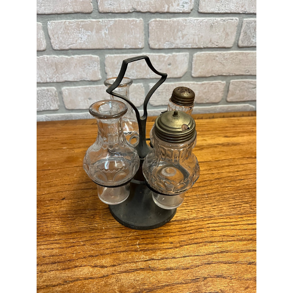 Vintage Antique 5 Piece Pewter Cruet Caster Set Primitive 1800s Victorian