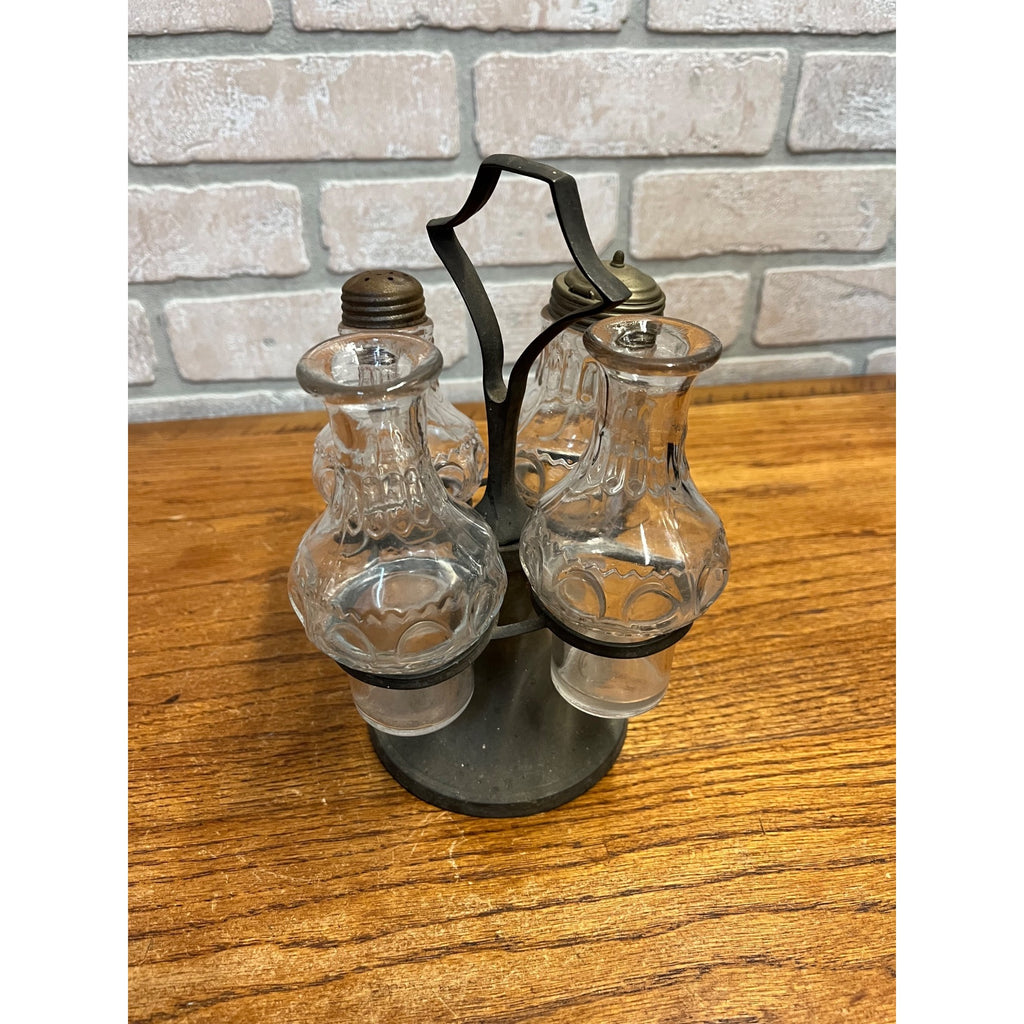 Vintage Antique 5 Piece Pewter Cruet Caster Set Primitive 1800s Victorian