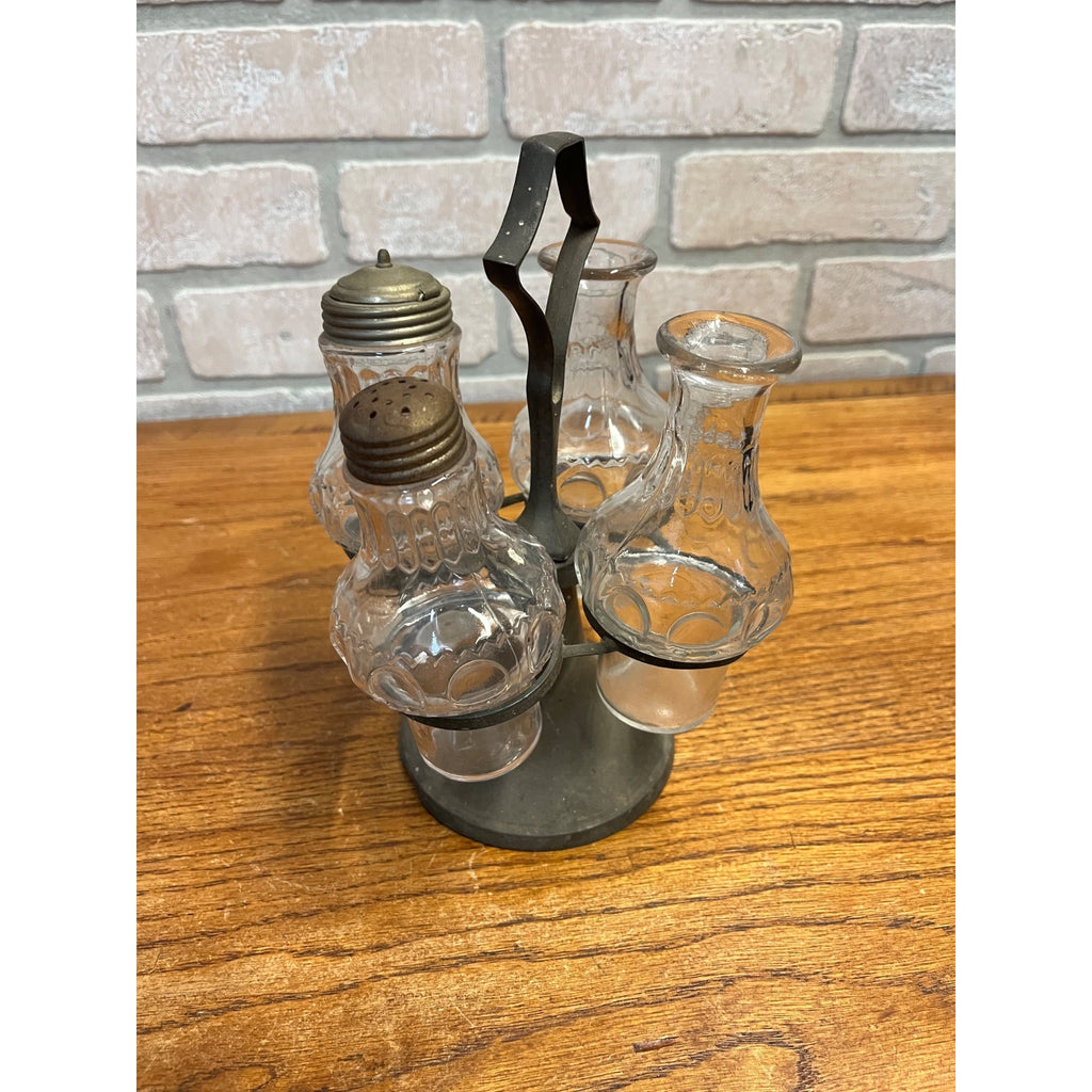 Vintage Antique 5 Piece Pewter Cruet Caster Set Primitive 1800s Victorian