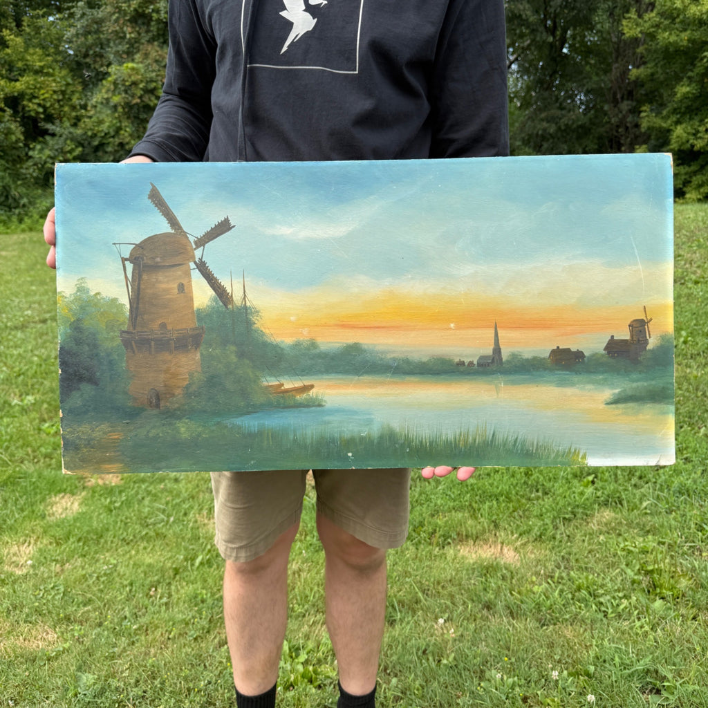 Vintage Original Oil Painting on Board Unsigned Landscape Scenic Lake with Windmills, Ships and Church