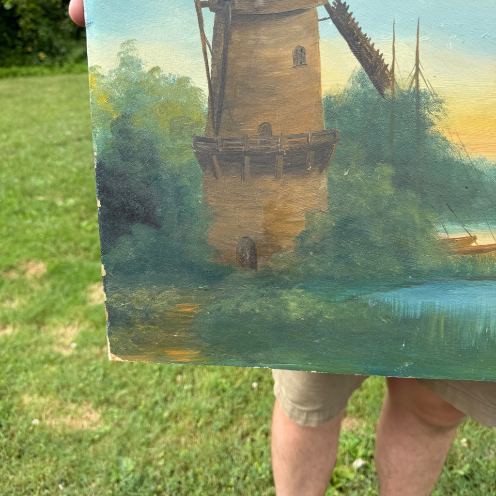 Vintage Original Oil Painting on Board Unsigned Landscape Scenic Lake with Windmills, Ships and Church