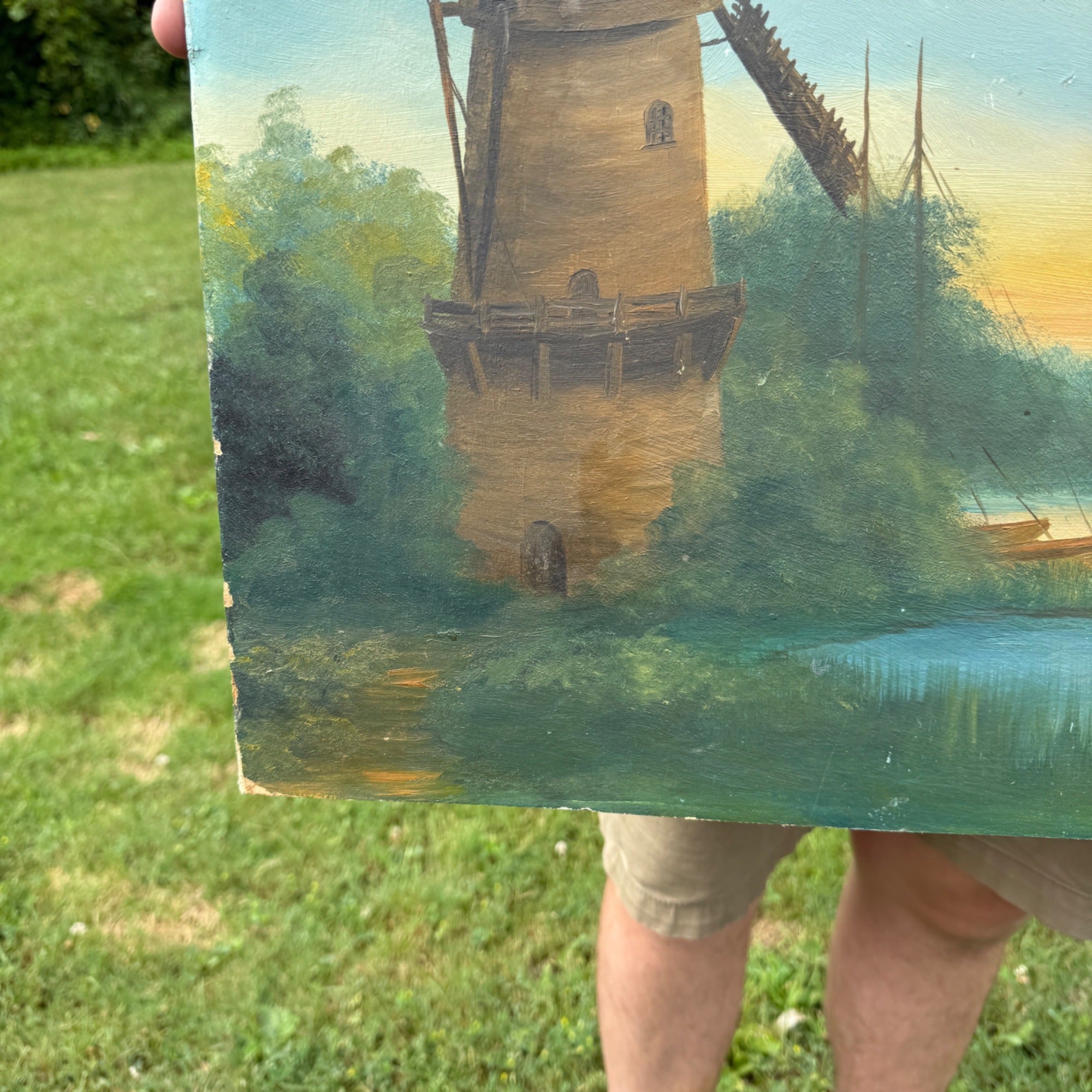 Vintage Original Oil Painting on Board Unsigned Landscape Scenic Lake with Windmills, Ships and Church