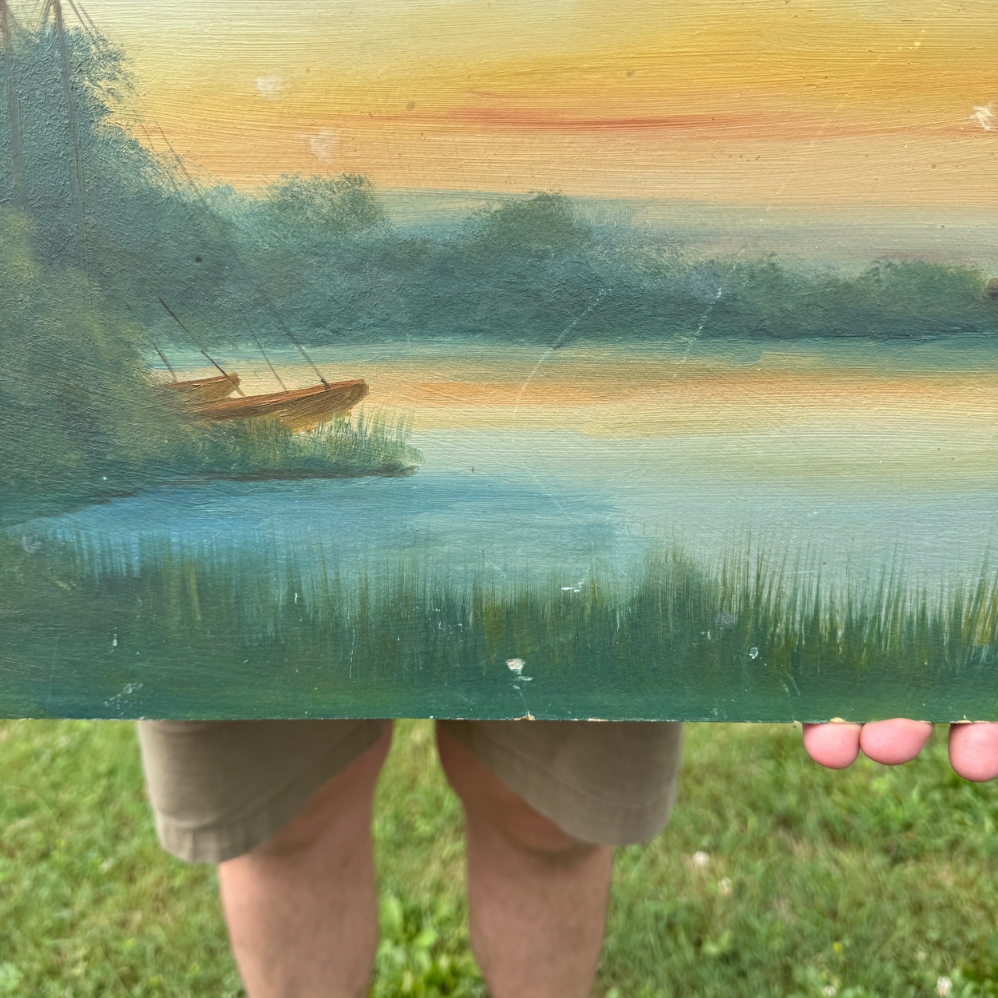 Vintage Original Oil Painting on Board Unsigned Landscape Scenic Lake with Windmills, Ships and Church