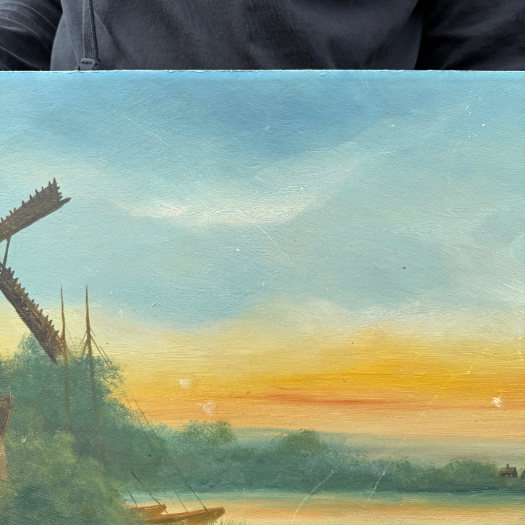 Vintage Original Oil Painting on Board Unsigned Landscape Scenic Lake with Windmills, Ships and Church