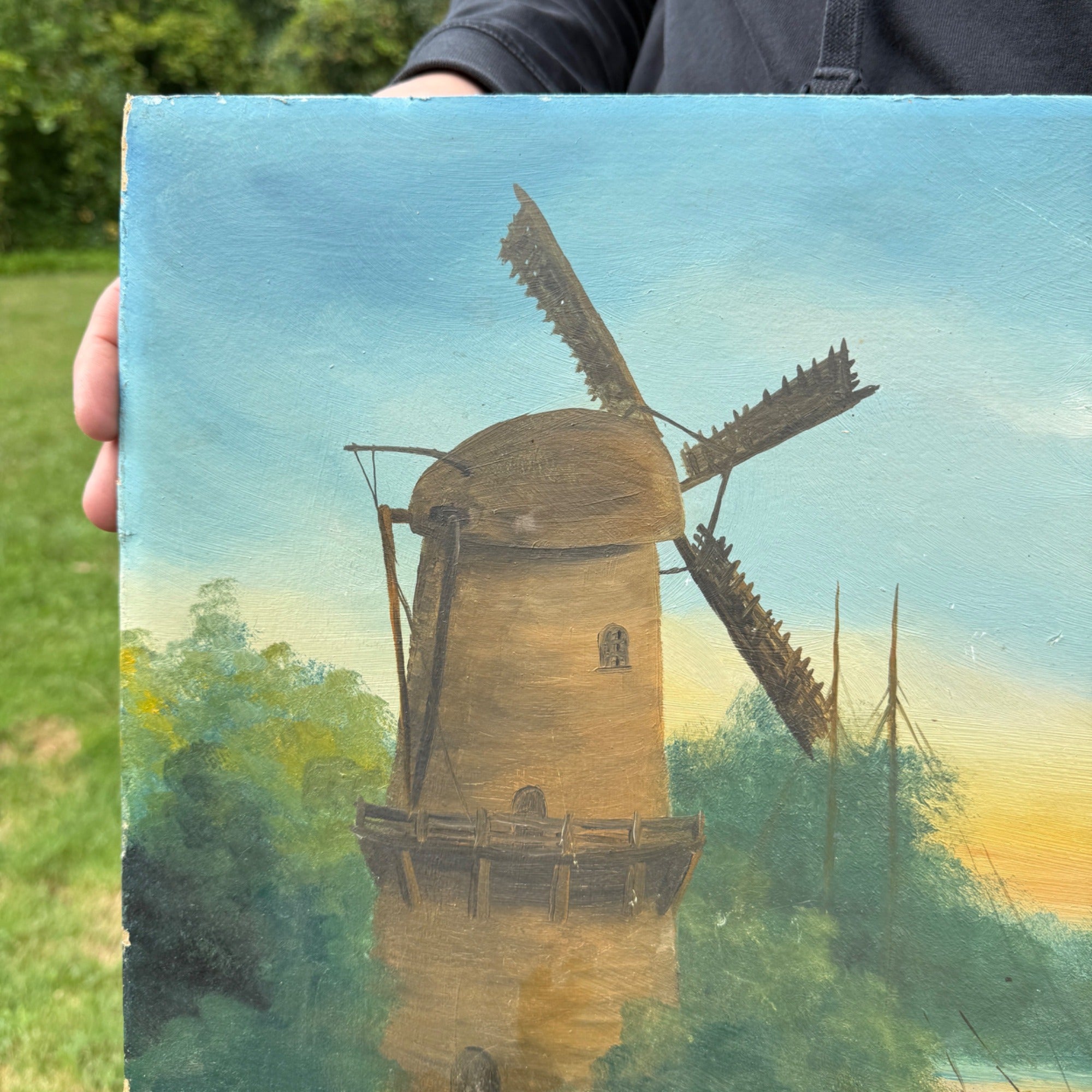 Vintage Original Oil Painting on Board Unsigned Landscape Scenic Lake with Windmills, Ships and Church