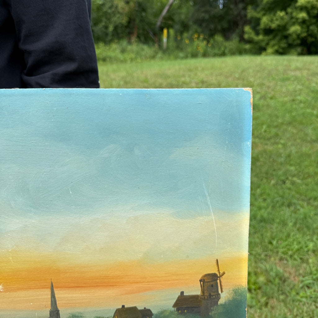 Vintage Original Oil Painting on Board Unsigned Landscape Scenic Lake with Windmills, Ships and Church