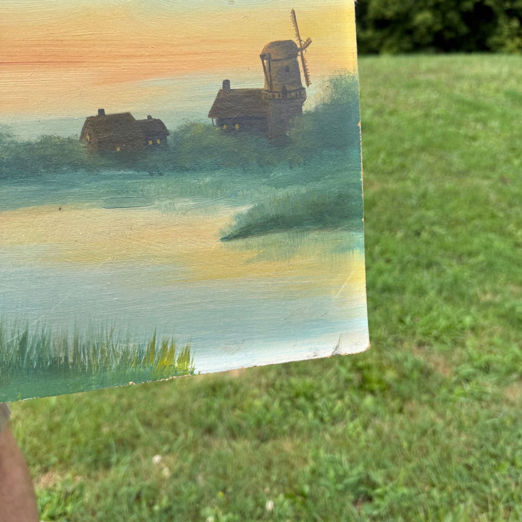 Vintage Original Oil Painting on Board Unsigned Landscape Scenic Lake with Windmills, Ships and Church