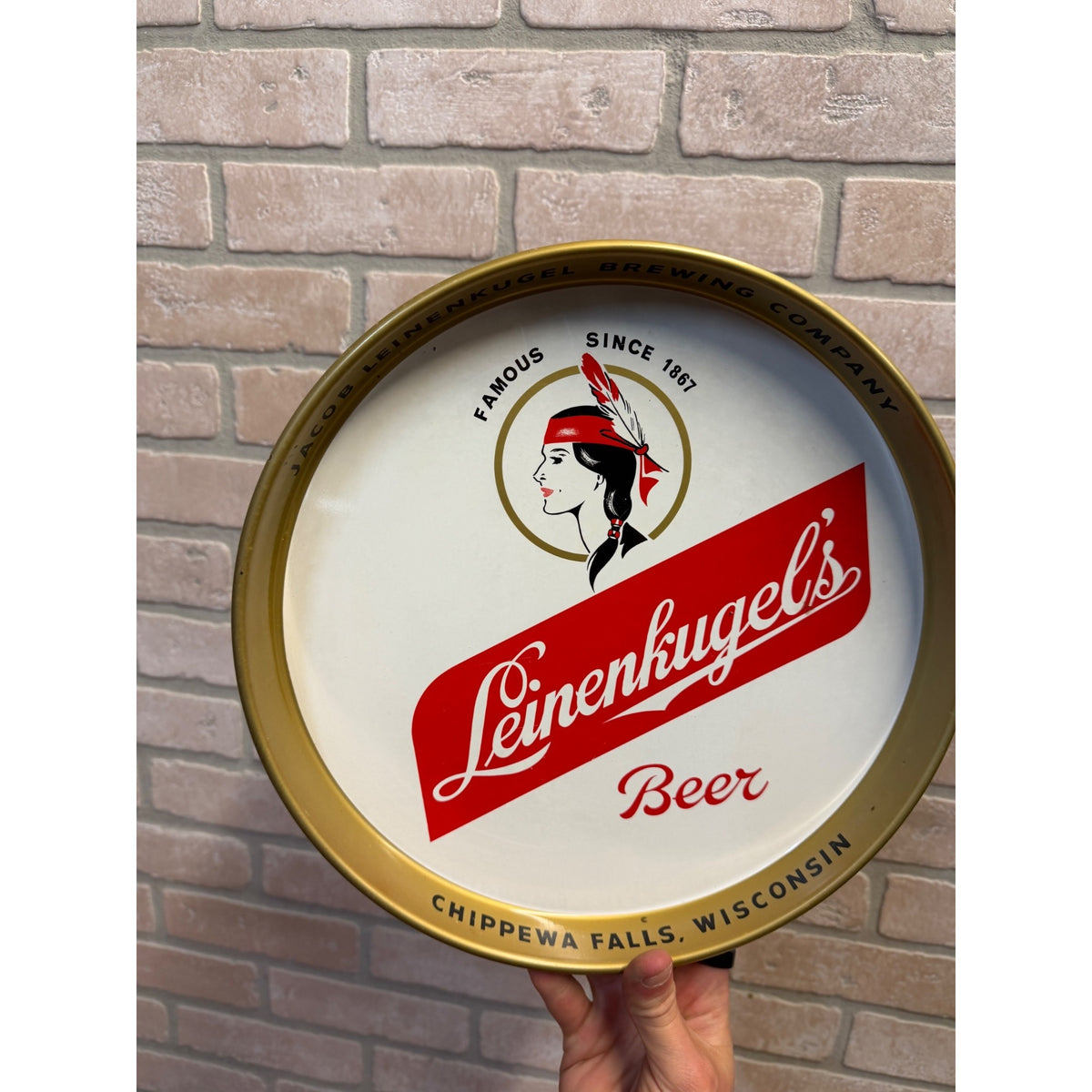 Original Leinenkugel’s Indian Maiden Metal Beer Serving Tray, Chippewa Falls Wi.